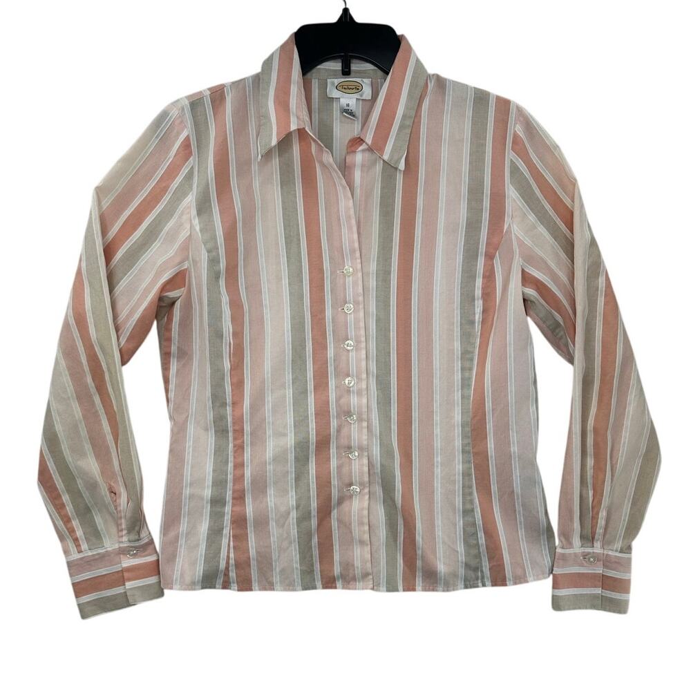 Talbots Women's Peach & Tan Striped Button-Down Blouse - Size 10